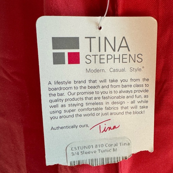 NWT TINA STEPHENS 3/4 SLEEVE TUNIC CORAL AND WHITE SIZE MEDIUM - Picture 8 of 9